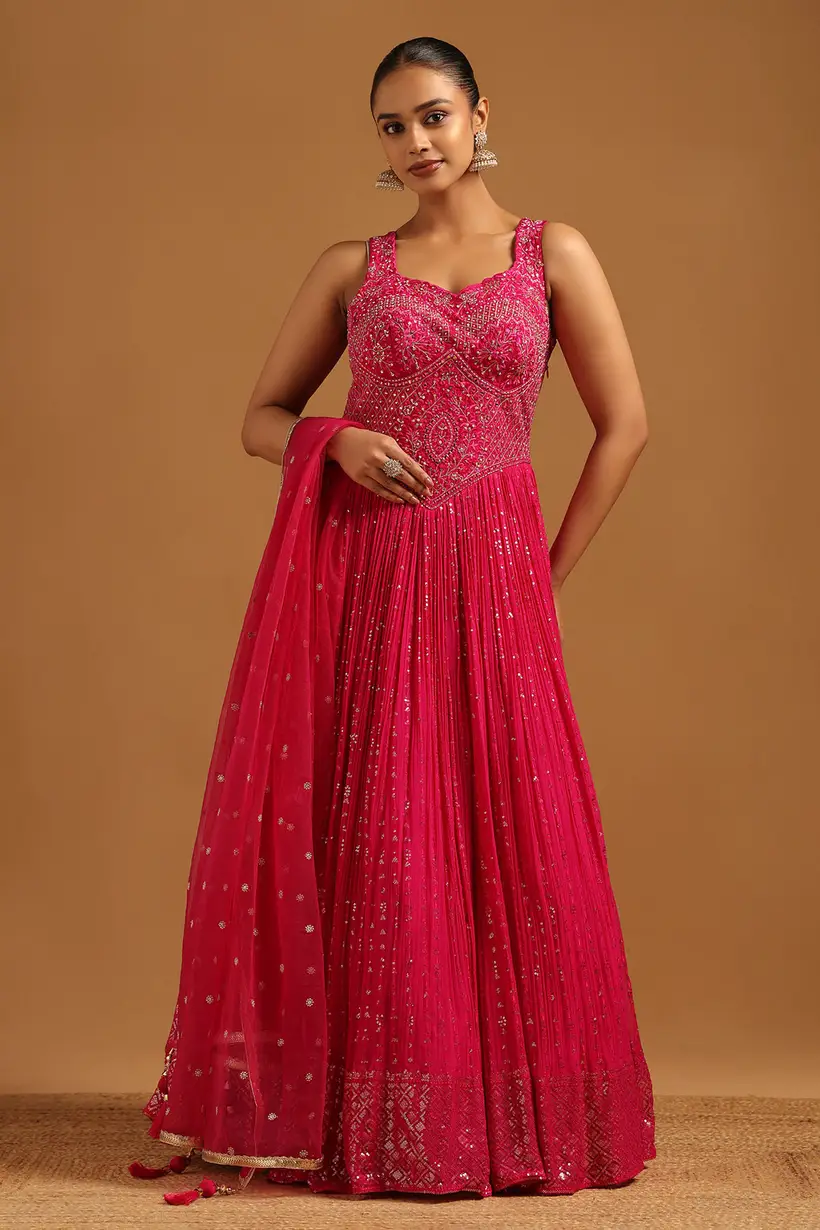 Fuchsia Georgette Floral Zari Embroidered Gown With Mirror & Stone